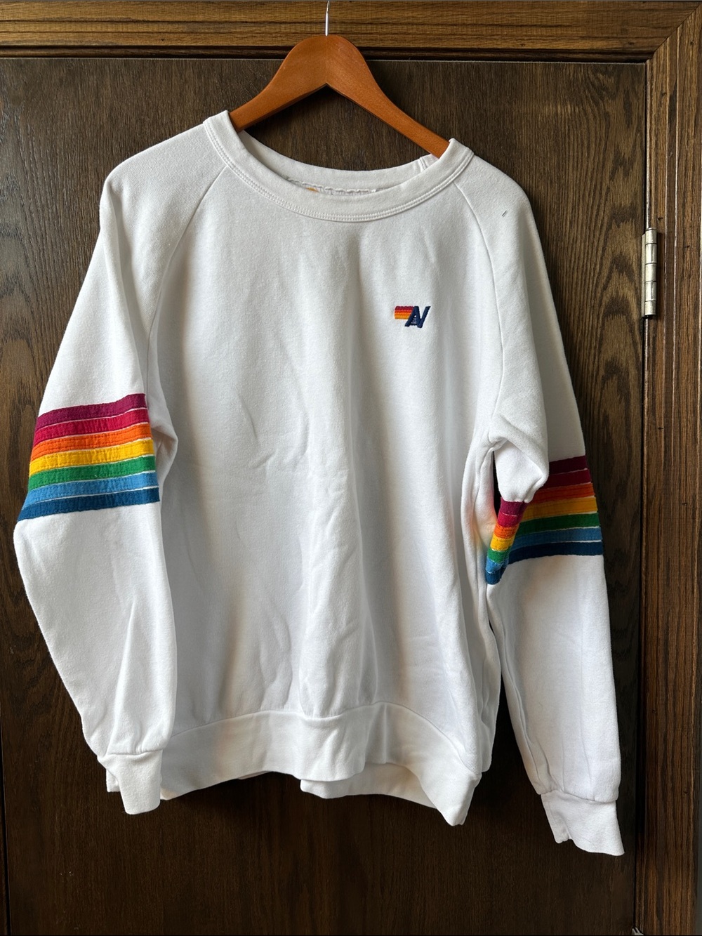 Aviator NationWhite Rainbow Stripe Crewneck Sweatshirt